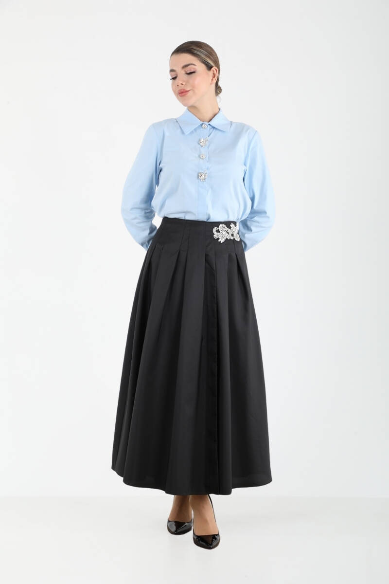 HANDICRAFT DETAILED PLEATED MIDI LENGTH TAFFETA SKIRT